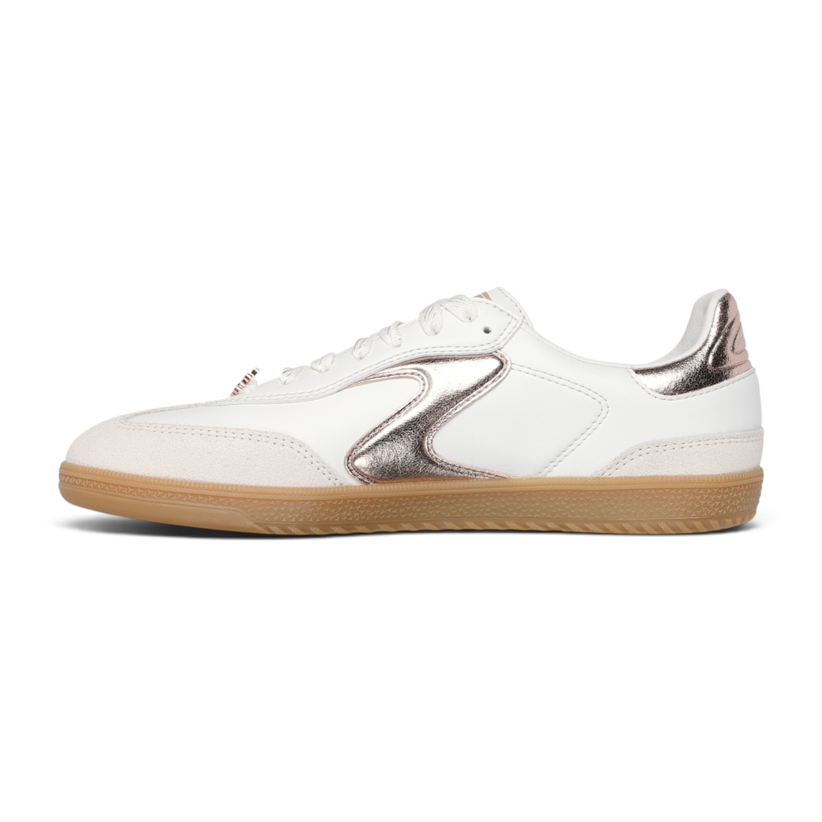FRG Skechers Hotshot Cool Glow white court sneaker with metallic rose gold accents and gum rubber sole