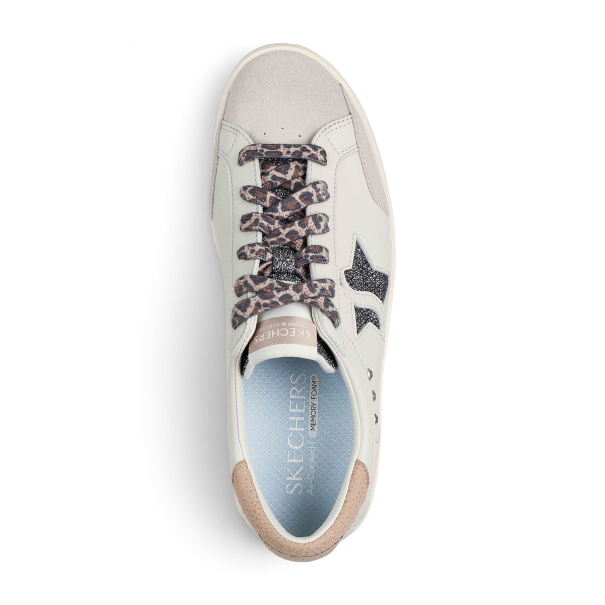 FRG STRAND STAR sneaker in white with leopard print laces, glitter star detail, and memory foam cushioned insole.
