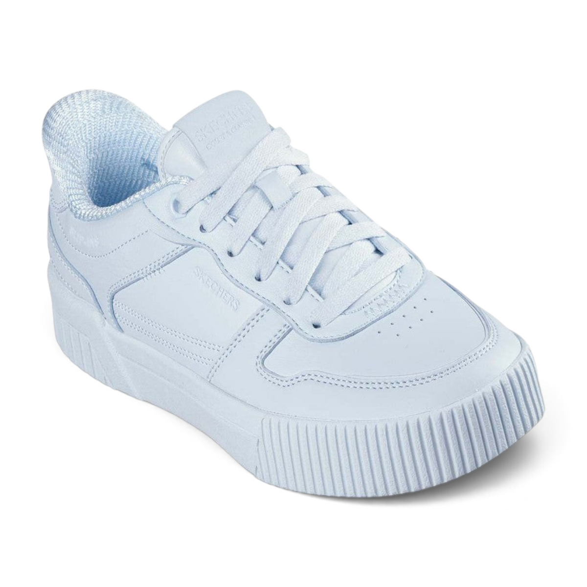 FRG Skechers Jade Soft Hues light blue court-style slip-in sneakers with duraleather upper and memory foam comfort.