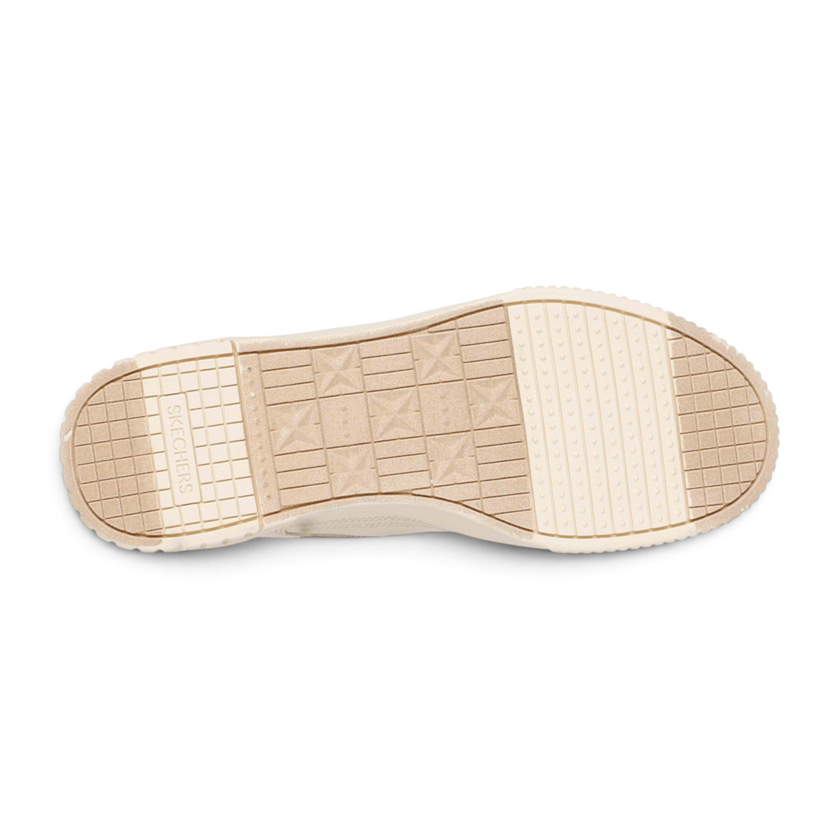 FRG JADE SOFT HUES sneaker showing the beige textured rubber outsole with a grid pattern and Skechers branding