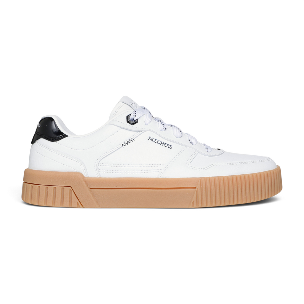 FRG Skechers Jade Keep It Casual white duraleather court sneakers with a gum rubber platform sole and black heel tab.