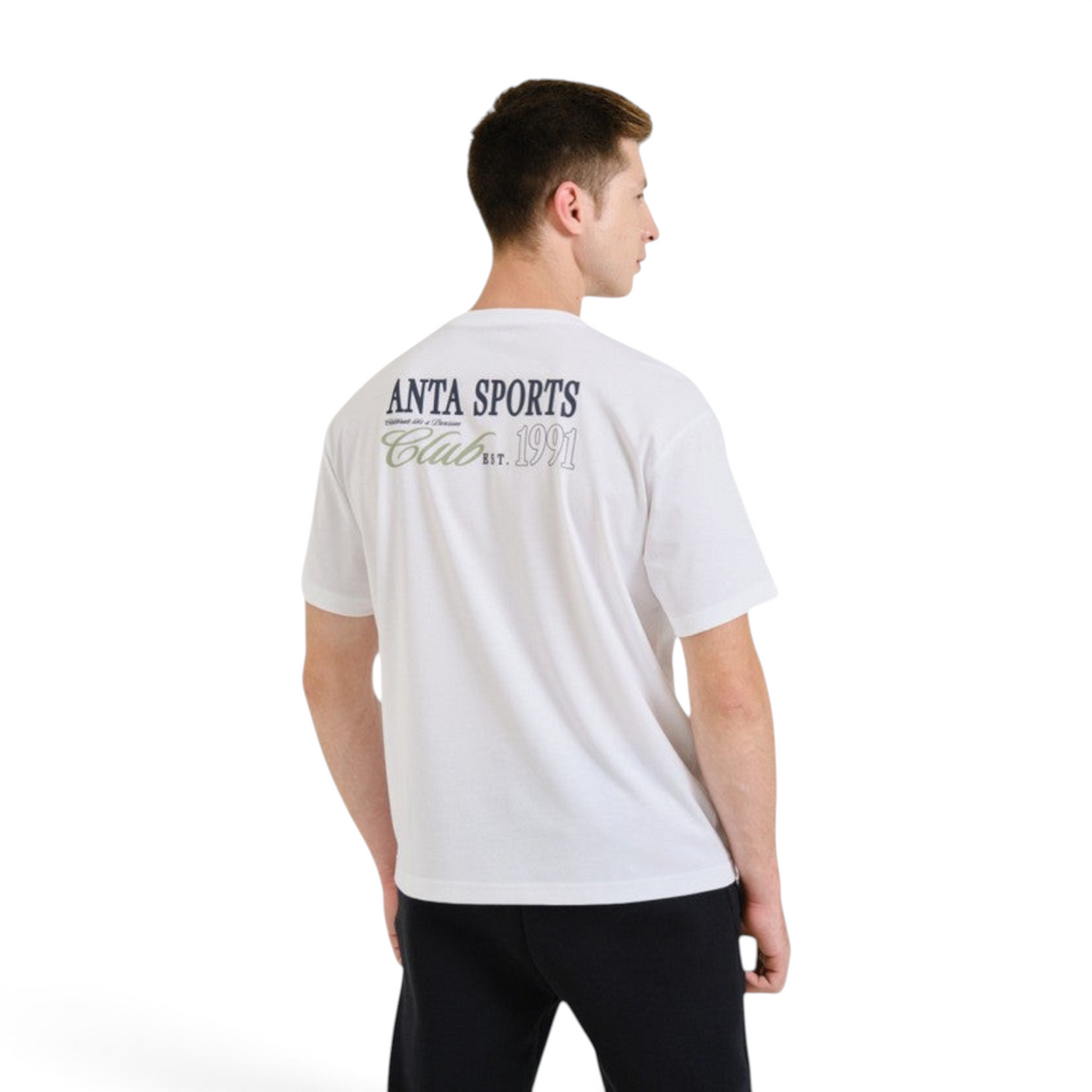 FRG ANTA Lifestyle white short sleeve t-shirt with back graphic print worn by a man, regular fit cotton blend