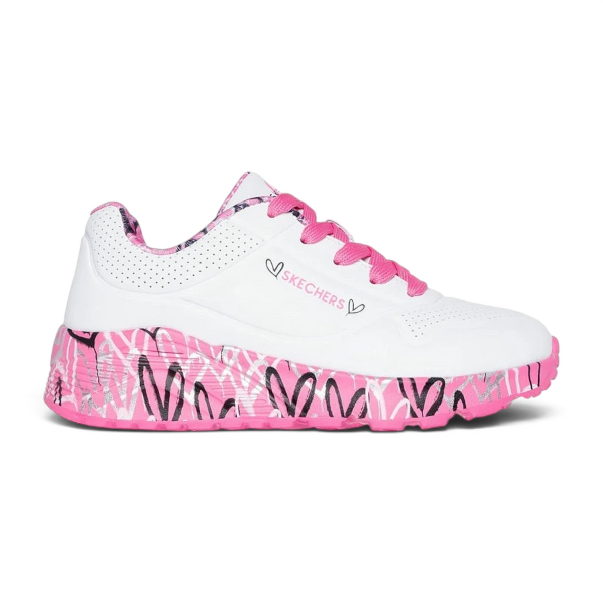 FRG kids' white lace-up Skechers sneaker with hot pink heart artwork by JGoldcrown on the midsole and lining
