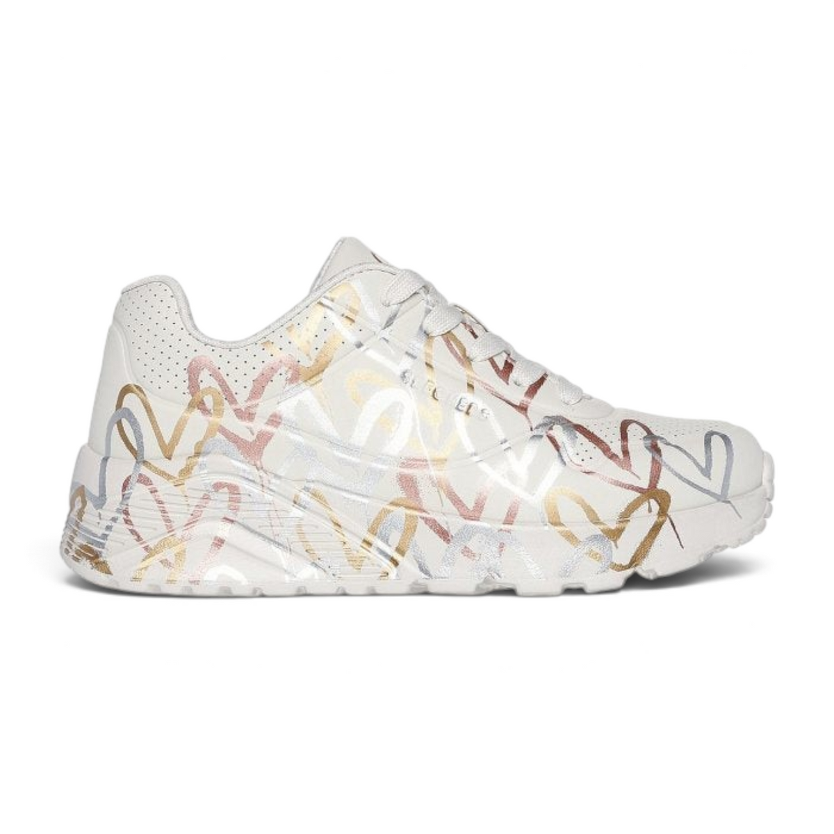 FRG UNO LITE - METALLIC LOVE white sneakers featuring a metallic heart print pattern and a chunky platform sole.
