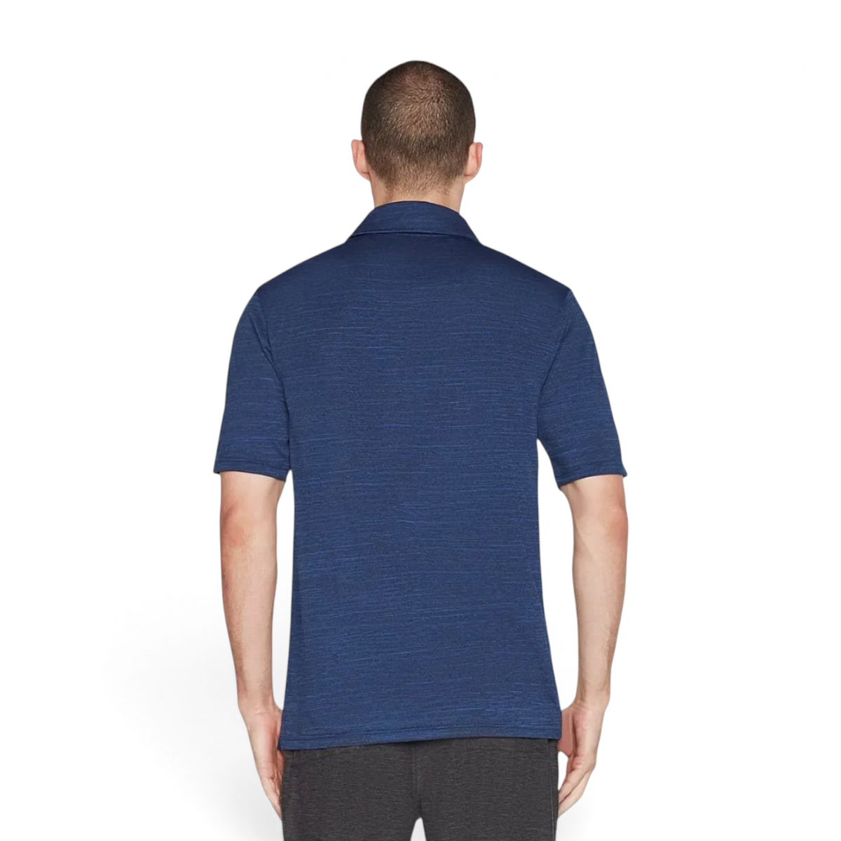Back view of a man wearing a blue FRG ON THE ROAD POLO shirt with a textured fabric finish.