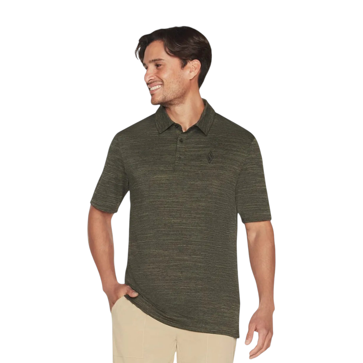 A man wearing a FRG ON THE ROAD POLO in olive green with a subtle heathered texture and a classic collar.