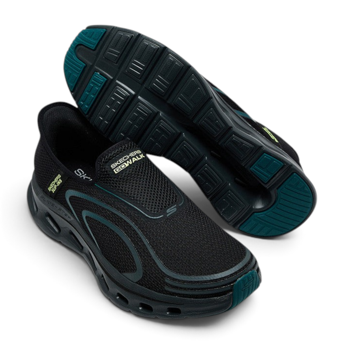 FRG Skechers GO Walk Glide-Step 2.0 black hands-free walking shoes with teal accents and cushioned mesh upper