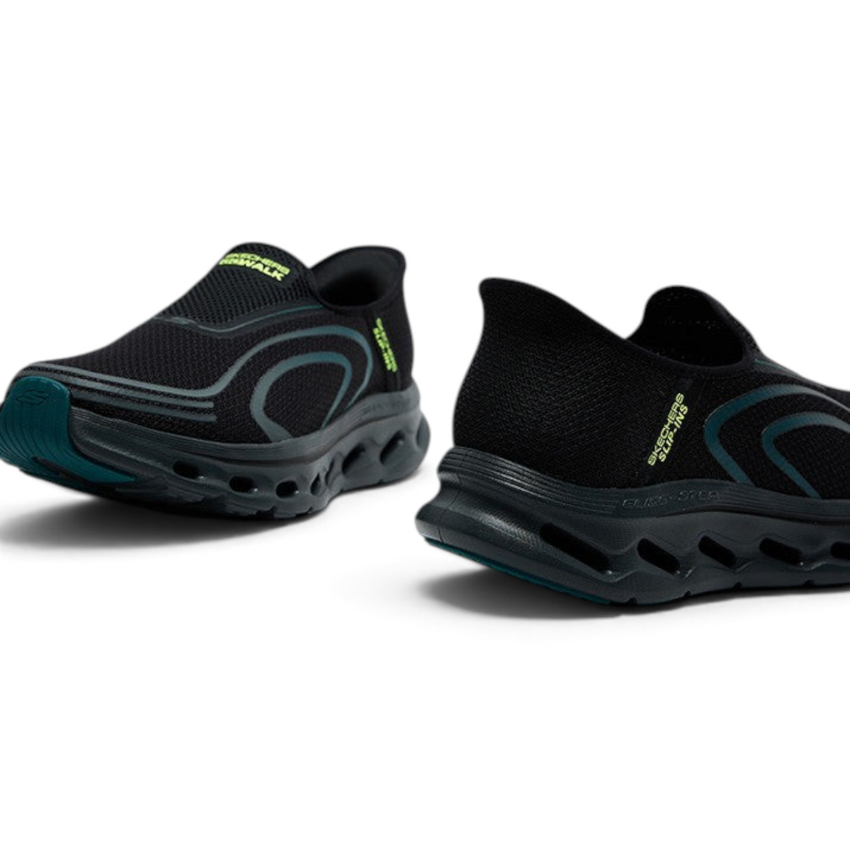 FRG Skechers GO Walk Glide-Step 2.0 black slip-on walking shoes with neon green accents and cushioned soles