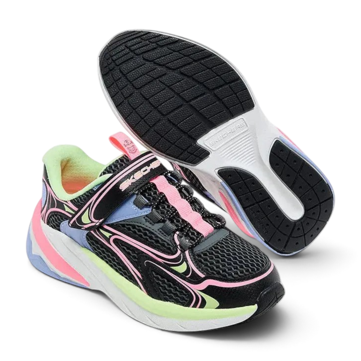 FRG S2K kids sneakers with black mesh, velcro closure, and vibrant pink, blue, and lime green accents