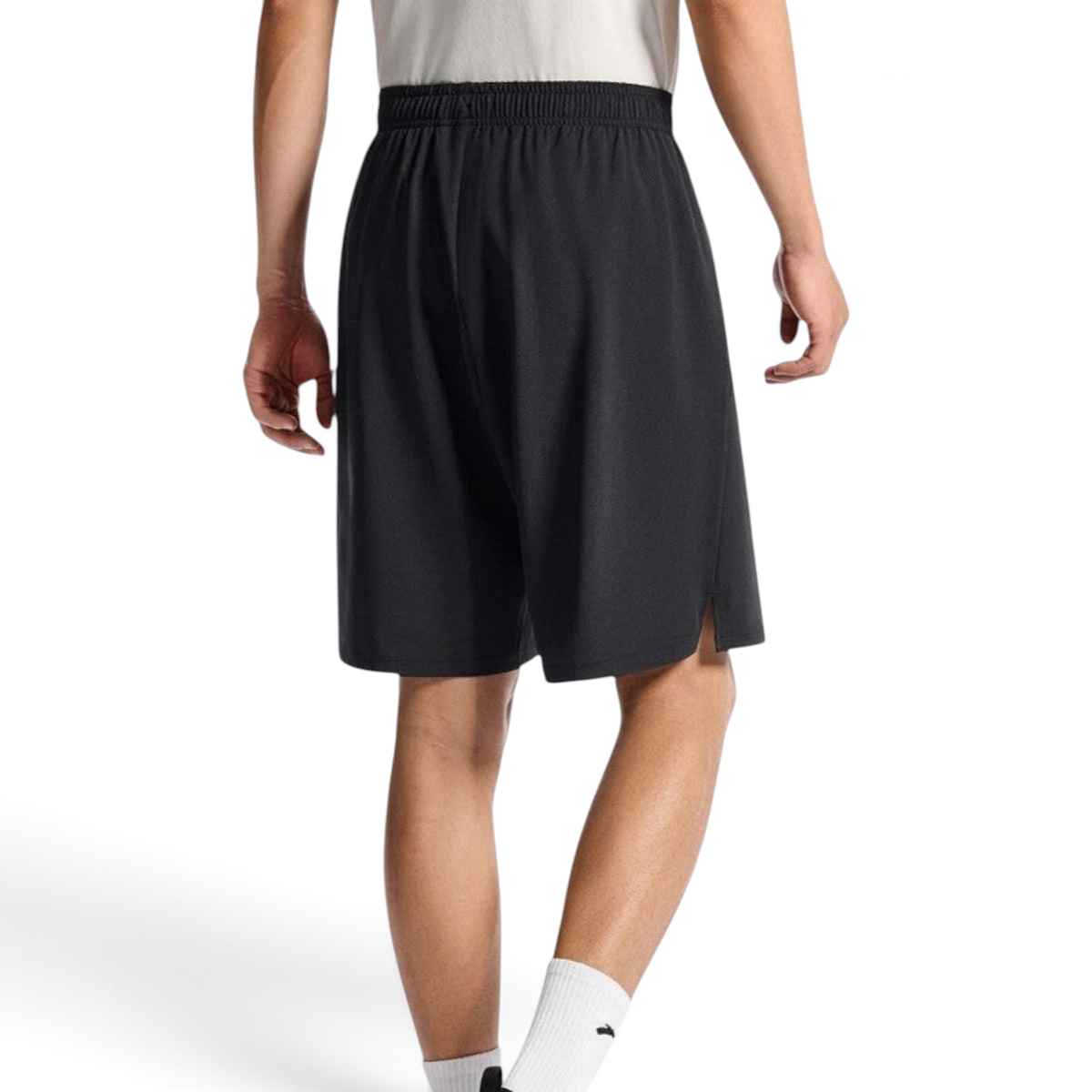 FRG ANTA men's black knit half pants with a relaxed fit and elastic waistband, back view