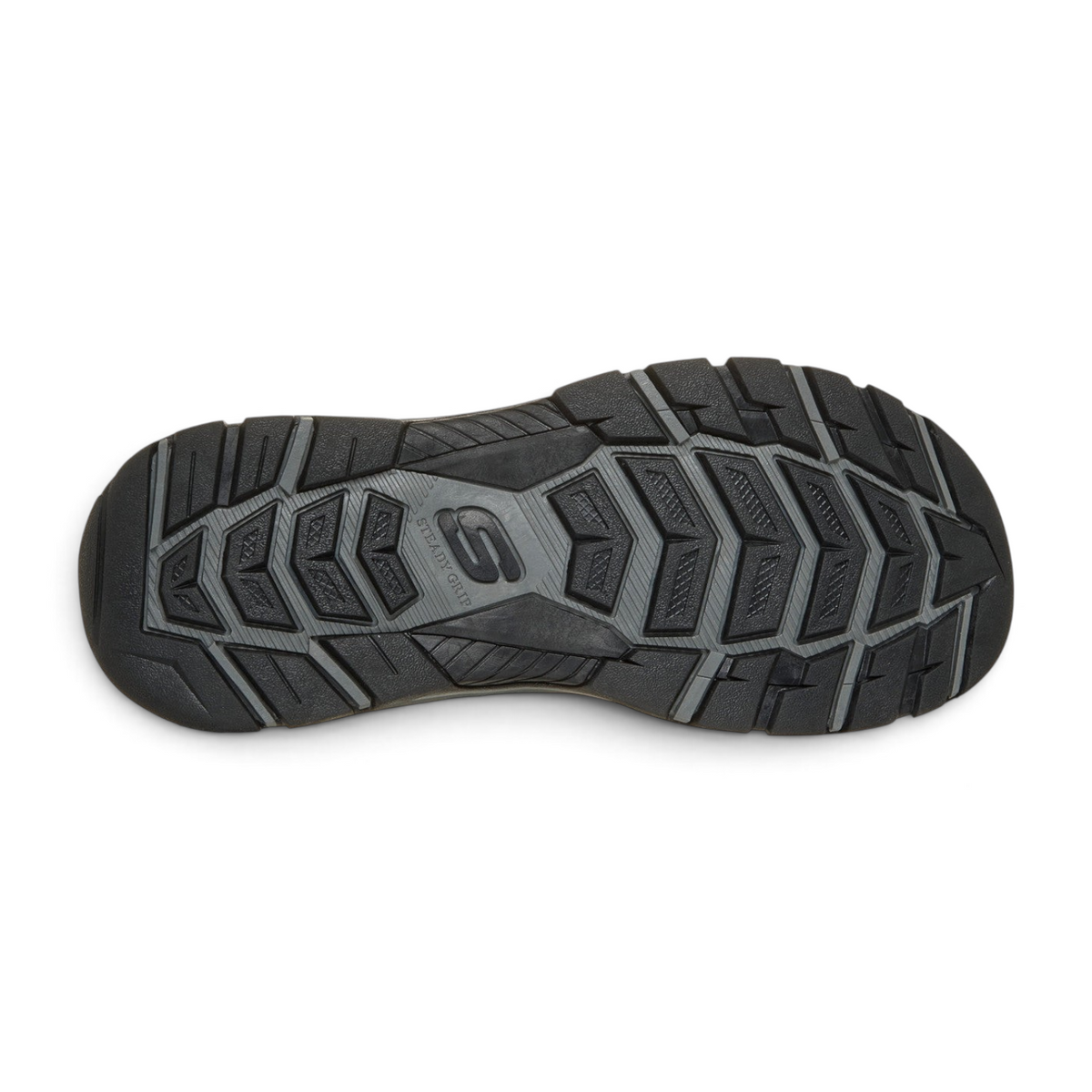 FRG Skechers Tresmen Garo charcoal sandal showing the durable rubber outsole with Steady Grip tread pattern