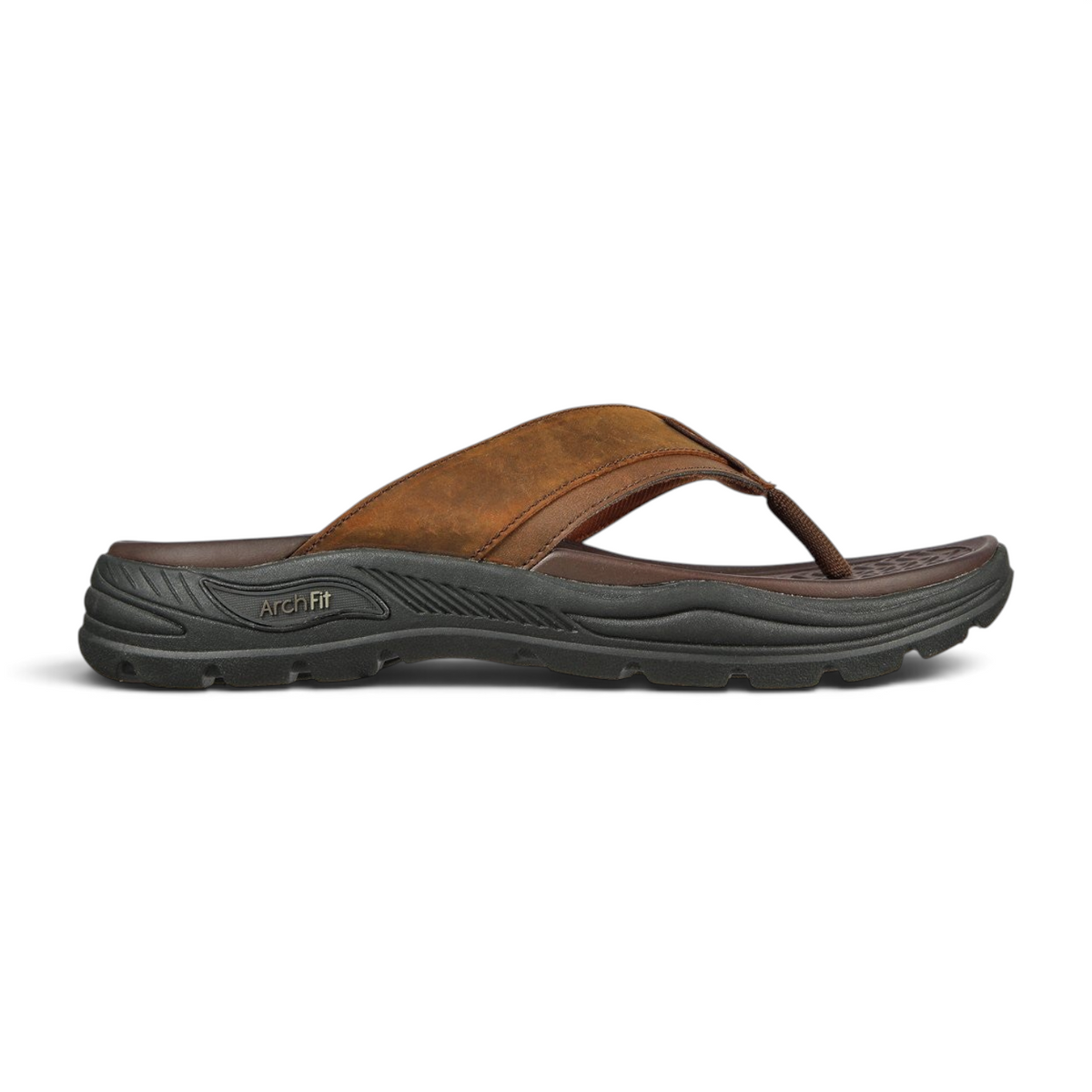 FRG Skechers Arch Fit Motley SD Malico dark brown leather thong sandal with supportive cushioned footbed