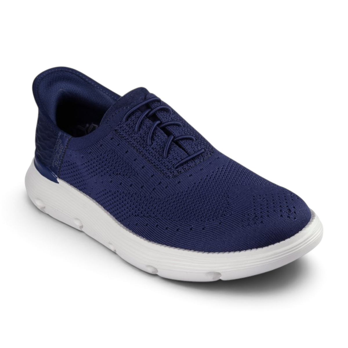 FRG Skechers Garza Palma navy slip-in shoes with engineered knit upper, stretch laces, and white cushioned sole.