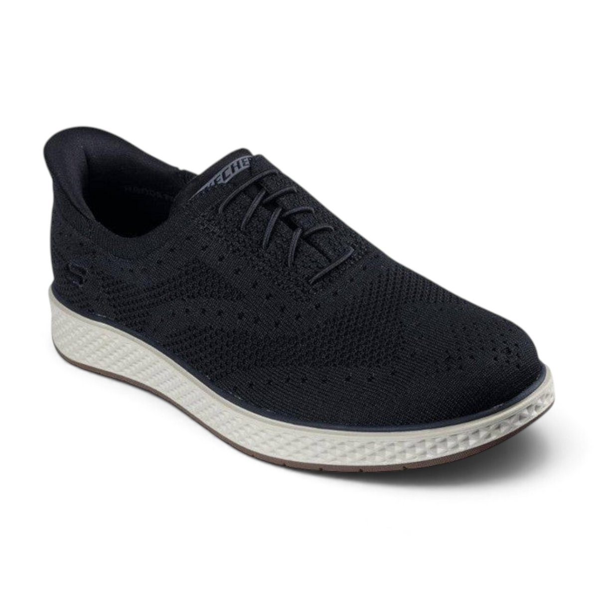 FRG Skechers Slip-Ins Burkett-Durand black wingtip sneakers with breathable knit upper and comfortable white sole