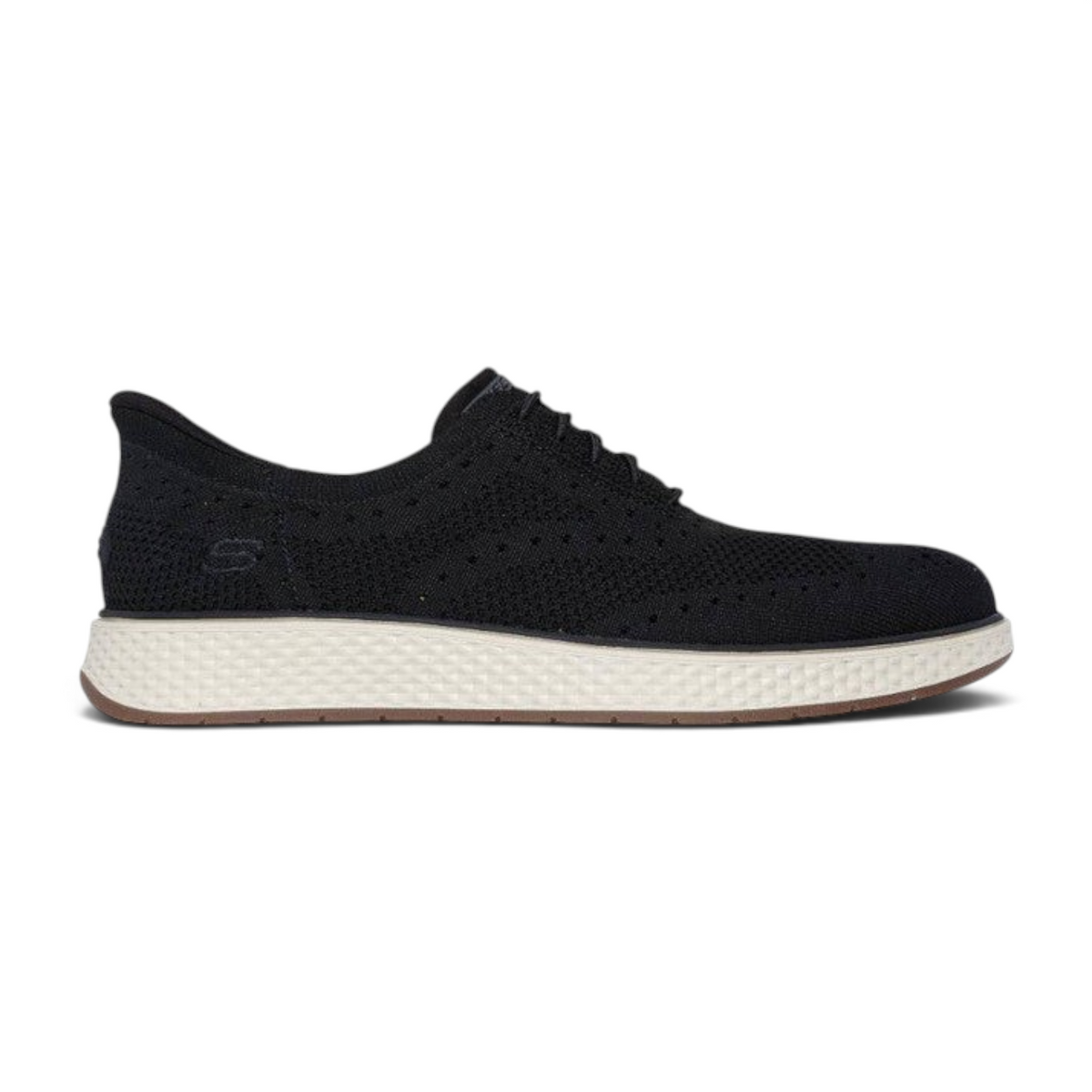 FRG Skechers Slip-Ins Burkett-Durand black wingtip sneakers with a knit upper and white textured midsole