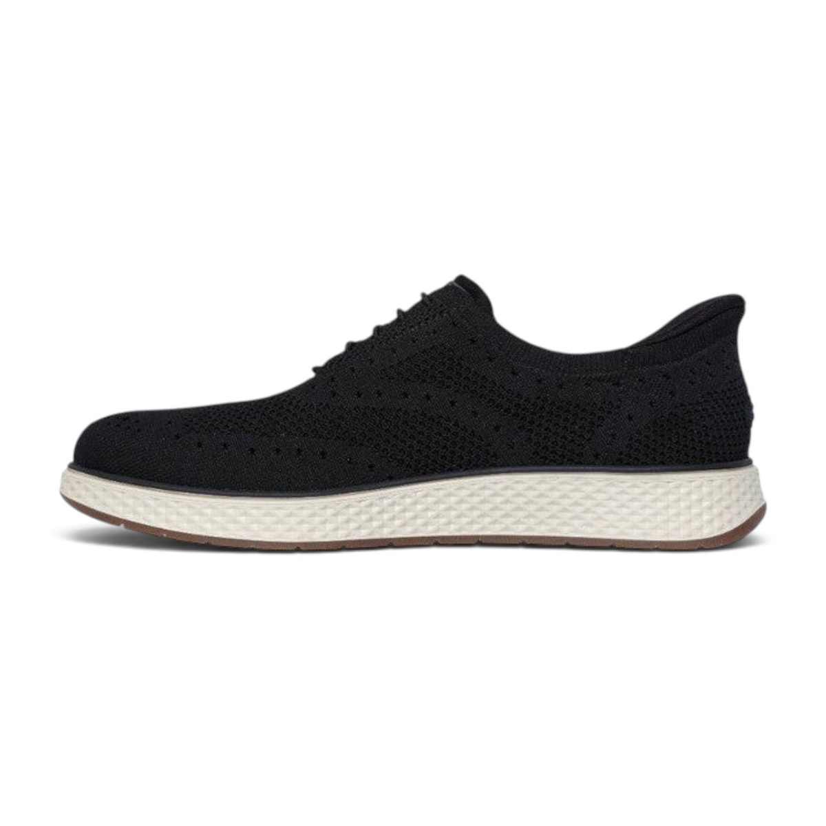 FRG Skechers Slip-Ins Burkett-Durand black wingtip sneakers with a textured knit upper and white cushioned sole
