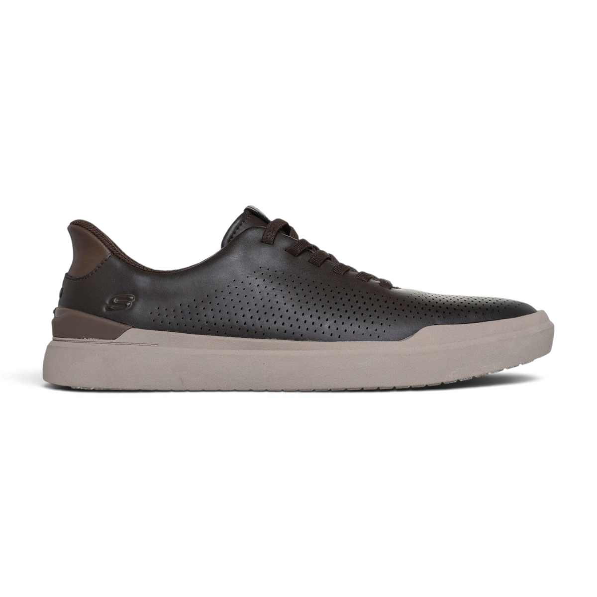 FRG OWEN - CONNELL dark brown perforated leather sneaker with a light grey rubber sole, side profile view