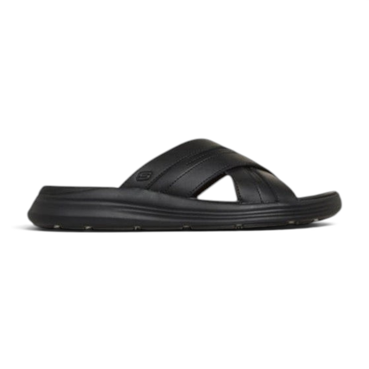 FRG Skechers Sargo men's black slide sandals with a cross-strap upper and cushioned Luxe Foam footbed.
