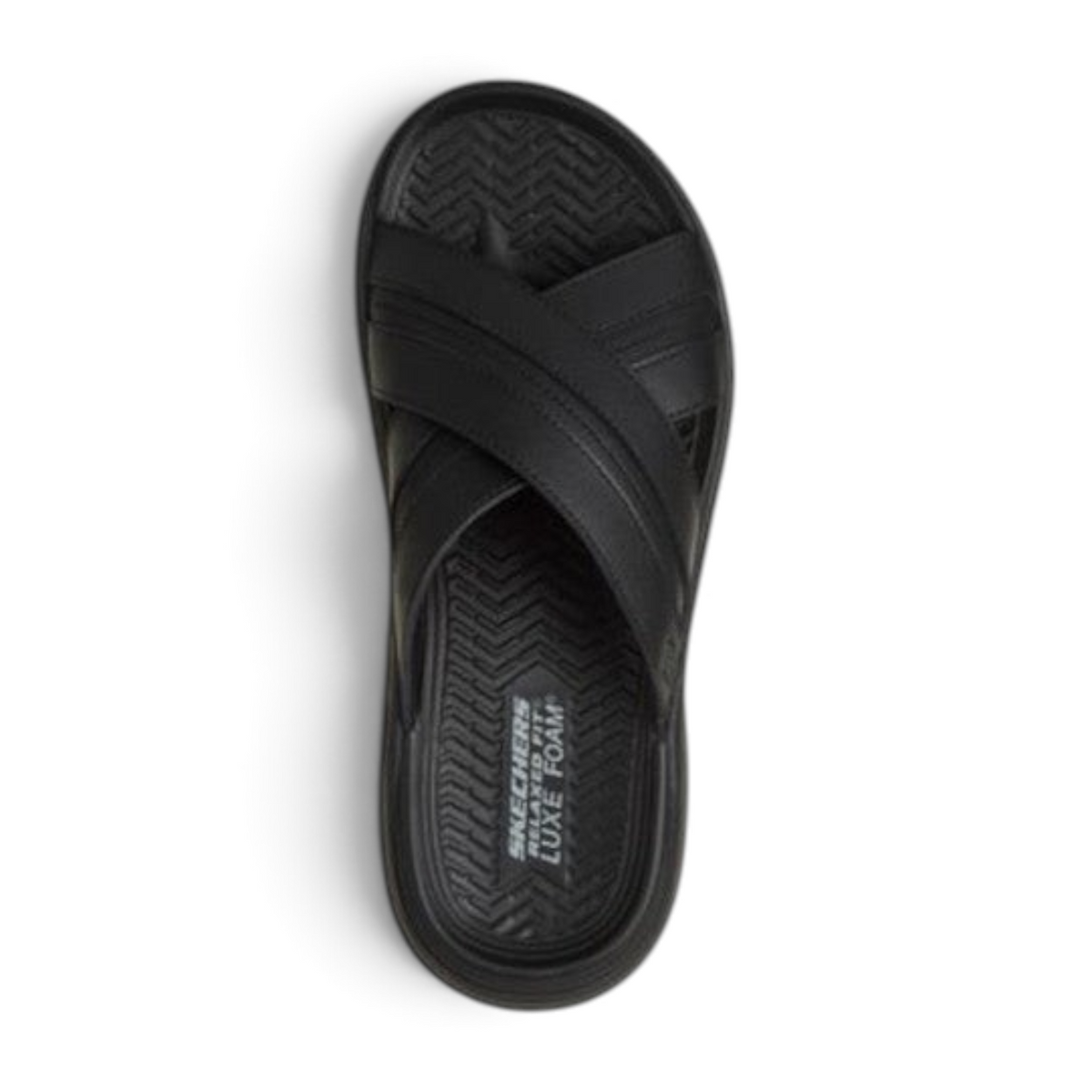 FRG Skechers Sargo men's black slide sandal with cross-strap upper and Luxe Foam cushioned footbed