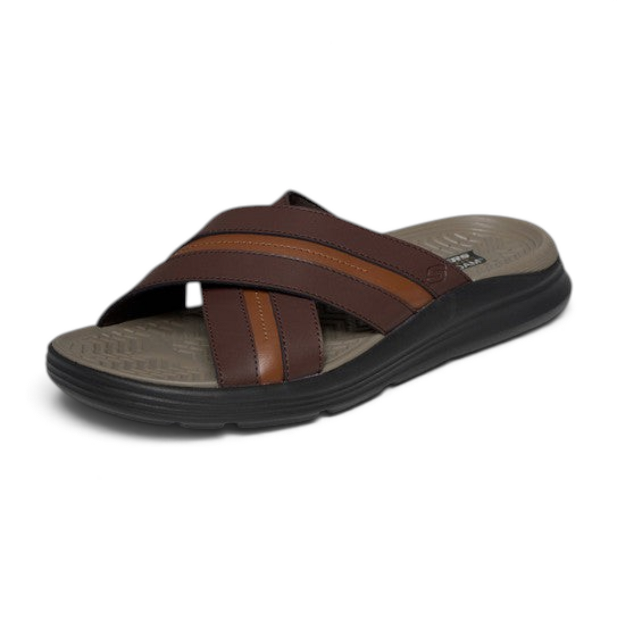 FRG Skechers Sargo men's brown slide sandals with a cross-strap upper and cushioned Luxe Foam footbed.