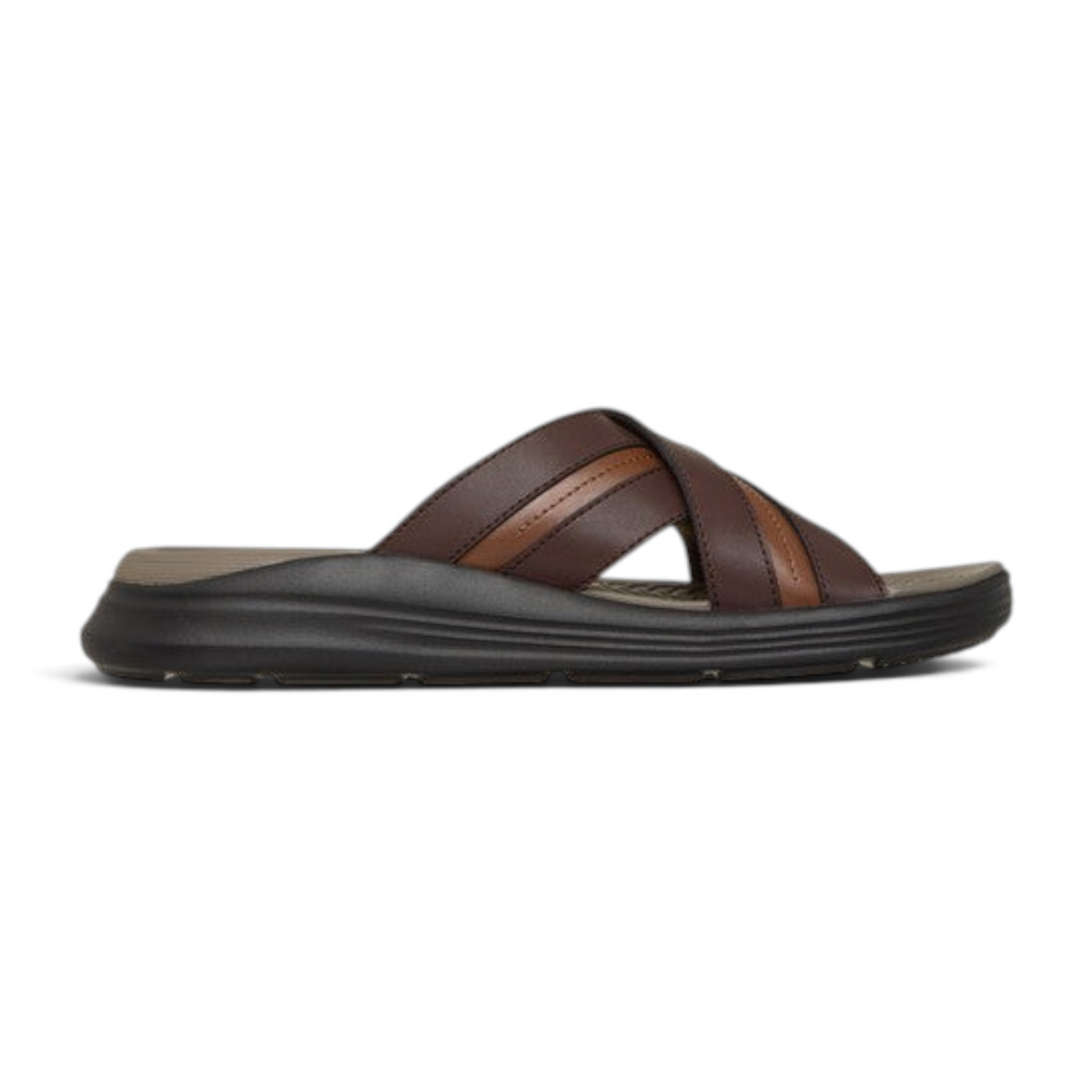 FRG Skechers Sargo men's brown slide sandal with a cross-strap upper and Luxe Foam cushioned footbed