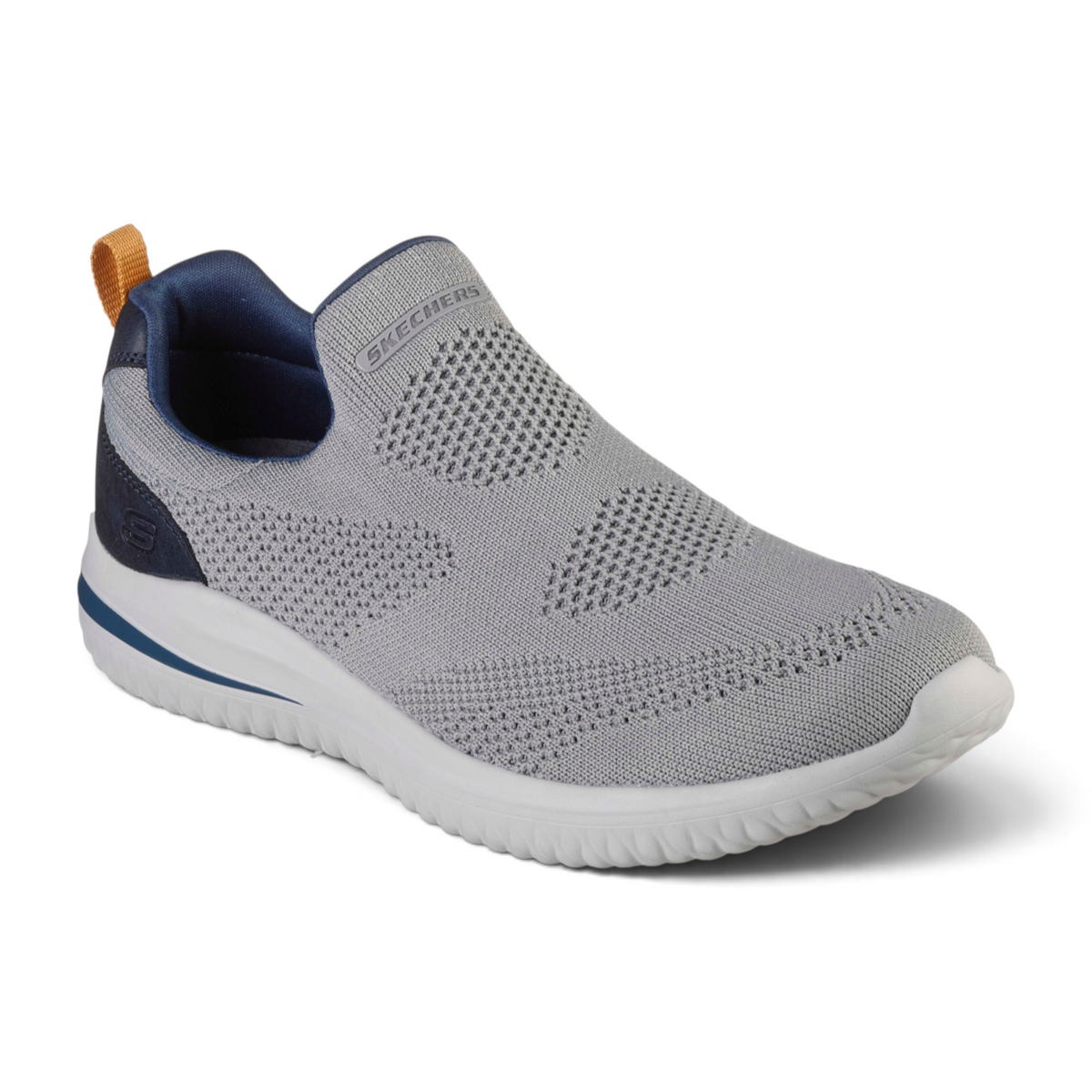 FRG Skechers Delson 3.0 Fairfield grey vegan mesh knit slip-on sneaker with cushioned midsole and orange pull tab