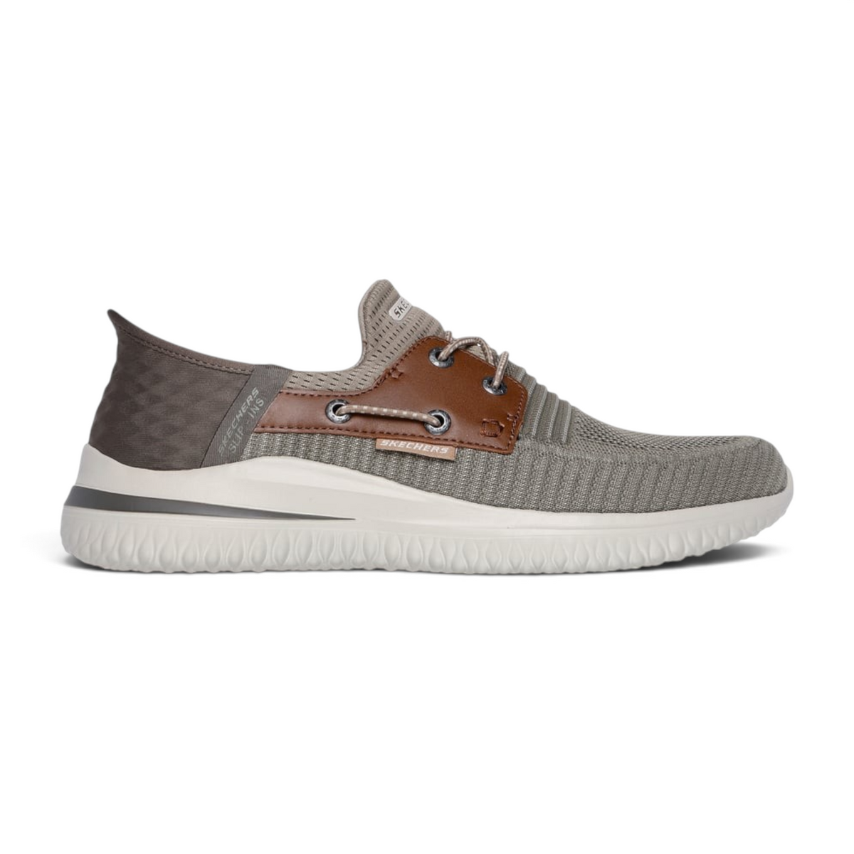 FRG Skechers Delson 3.0 slip-in boat shoe in taupe brown with knit upper and memory foam cushioning