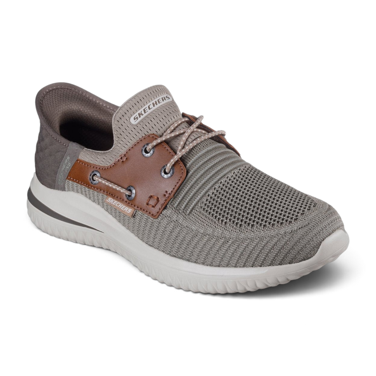 FRG Skechers Delson 3.0 Roth taupe brown knit slip-in boat shoe with memory foam and leather-look side detailing
