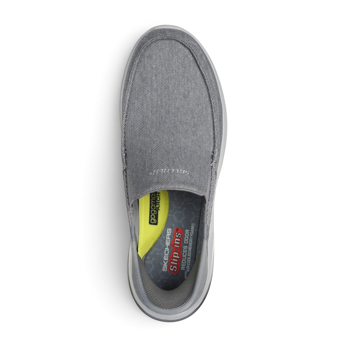 FRG Skechers Street Tres-Air Uno Slip-ins in grey with Arch Fit memory foam insole, top-down view.