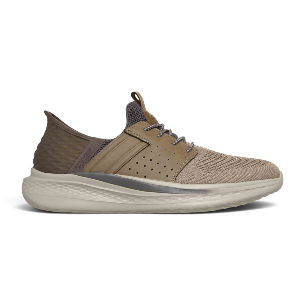 FRG SLADE ROYCE OCON slip-on sneaker in taupe with a knit upper, perforated leather overlays, and a cushioned sole.