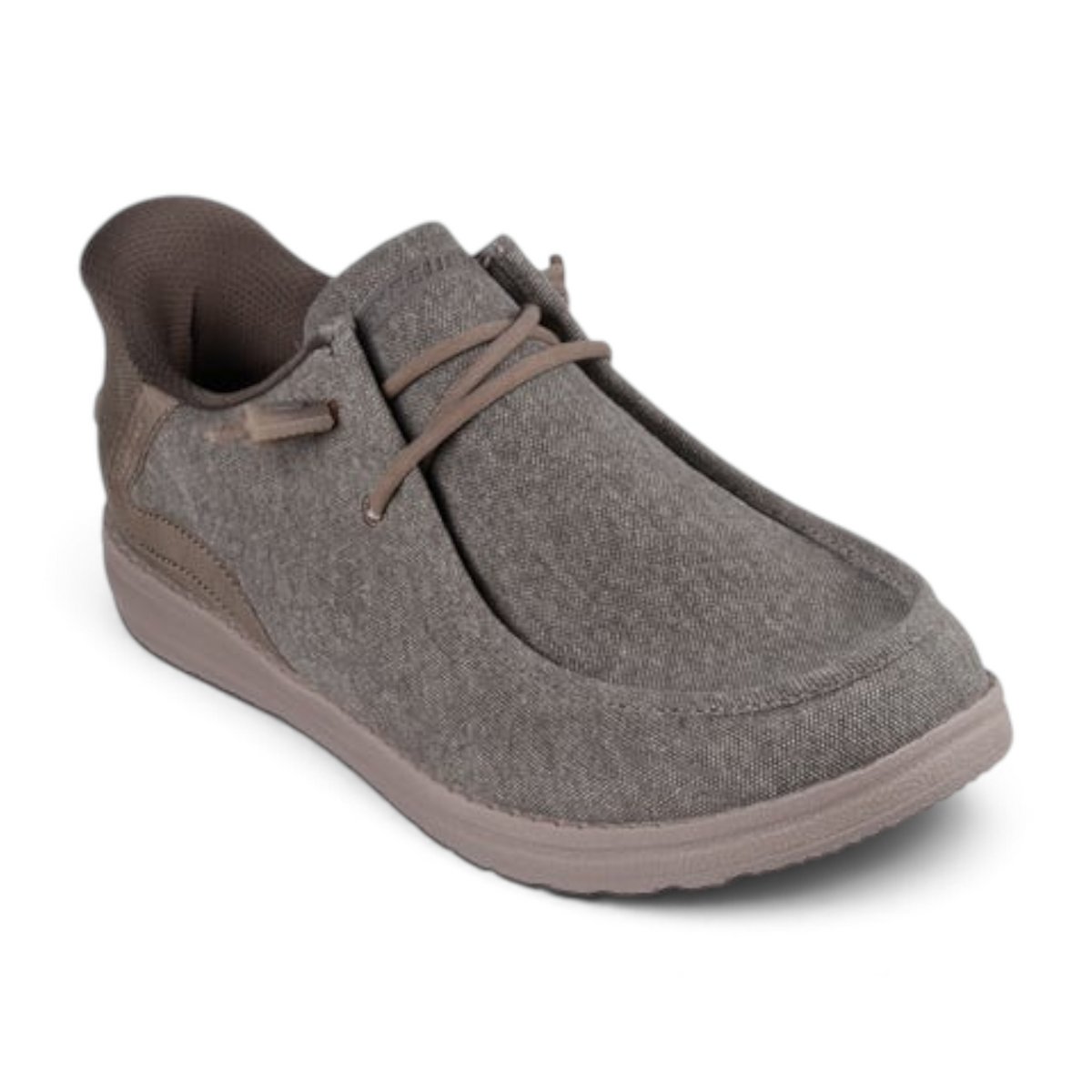 FRG Melson Coronado slip-on shoe in taupe canvas with a casual moc-toe design and flexible rubber sole
