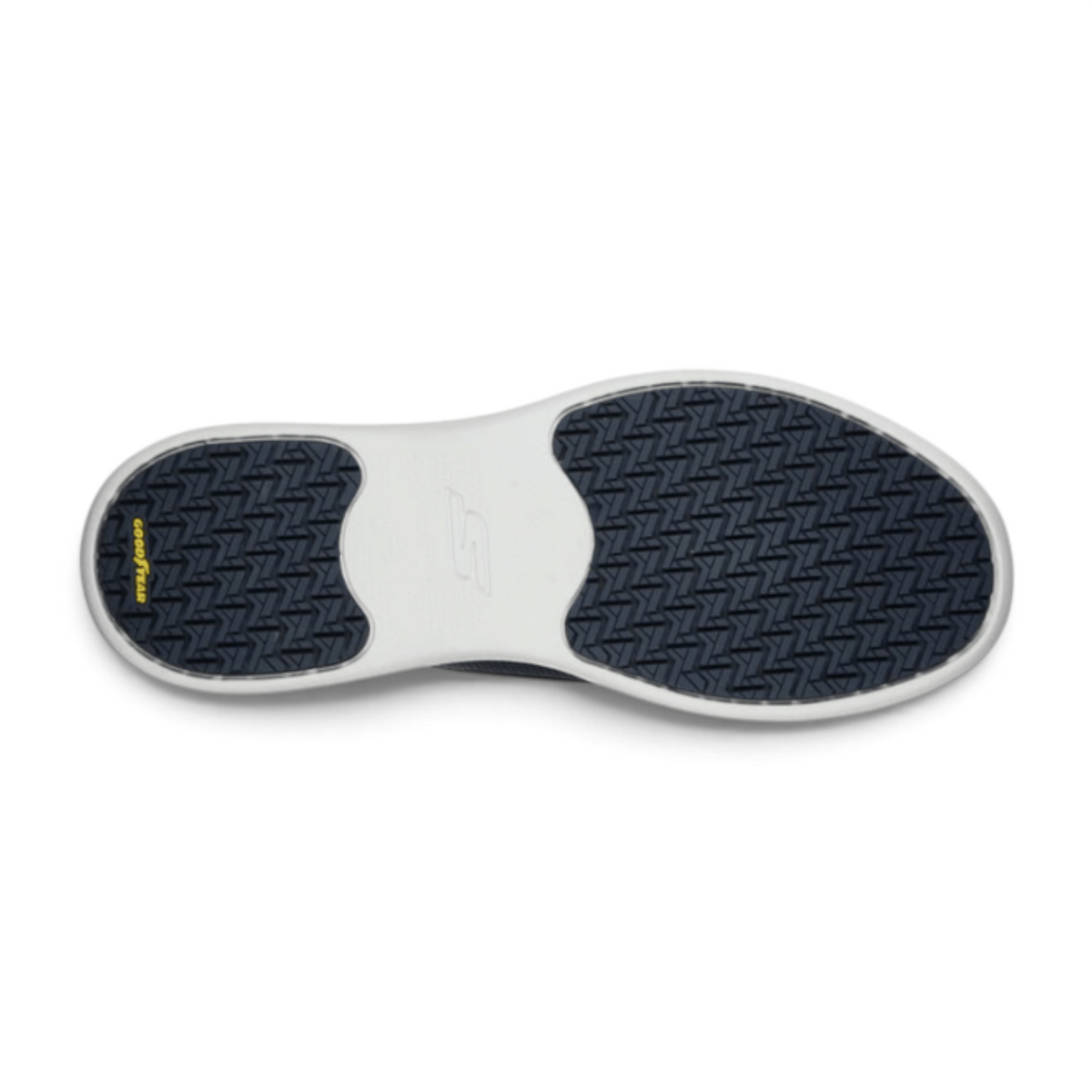 FRG Skechers Go Walk Stability navy sneaker showing the durable Goodyear rubber outsole tread pattern