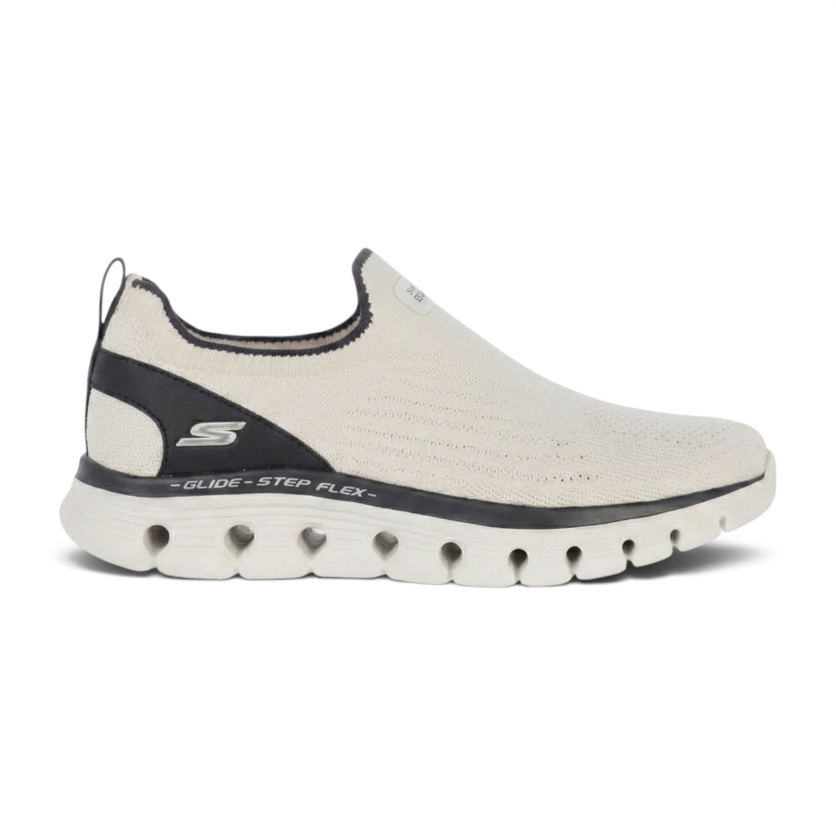 FRG Skechers Go Walk Glide-Step Flex slip-on walking shoe in white and black with textured stretch-fit upper