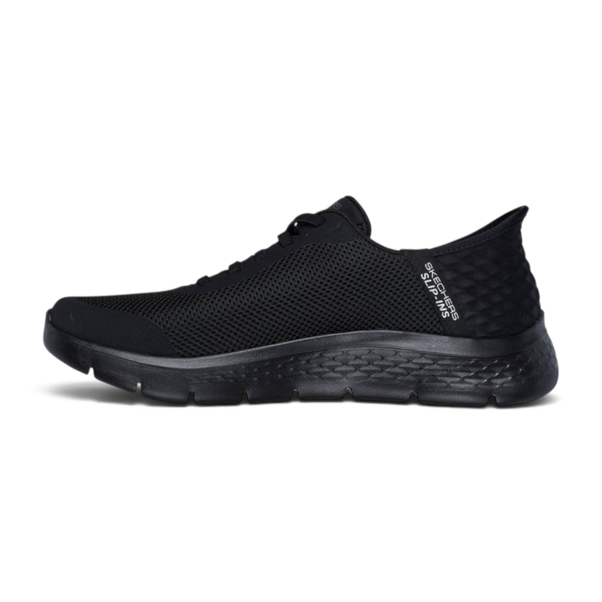 FRG Skechers GO WALK Flex Hands Up black slip-in sneakers with mesh upper and cushioned midsole, side profile view.