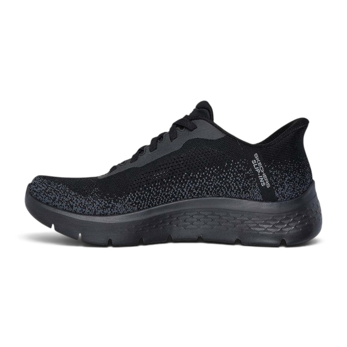FRG Skechers GO WALK Flex Palomo slip-on sneaker in black and charcoal with splatter knit upper and cushioned sole