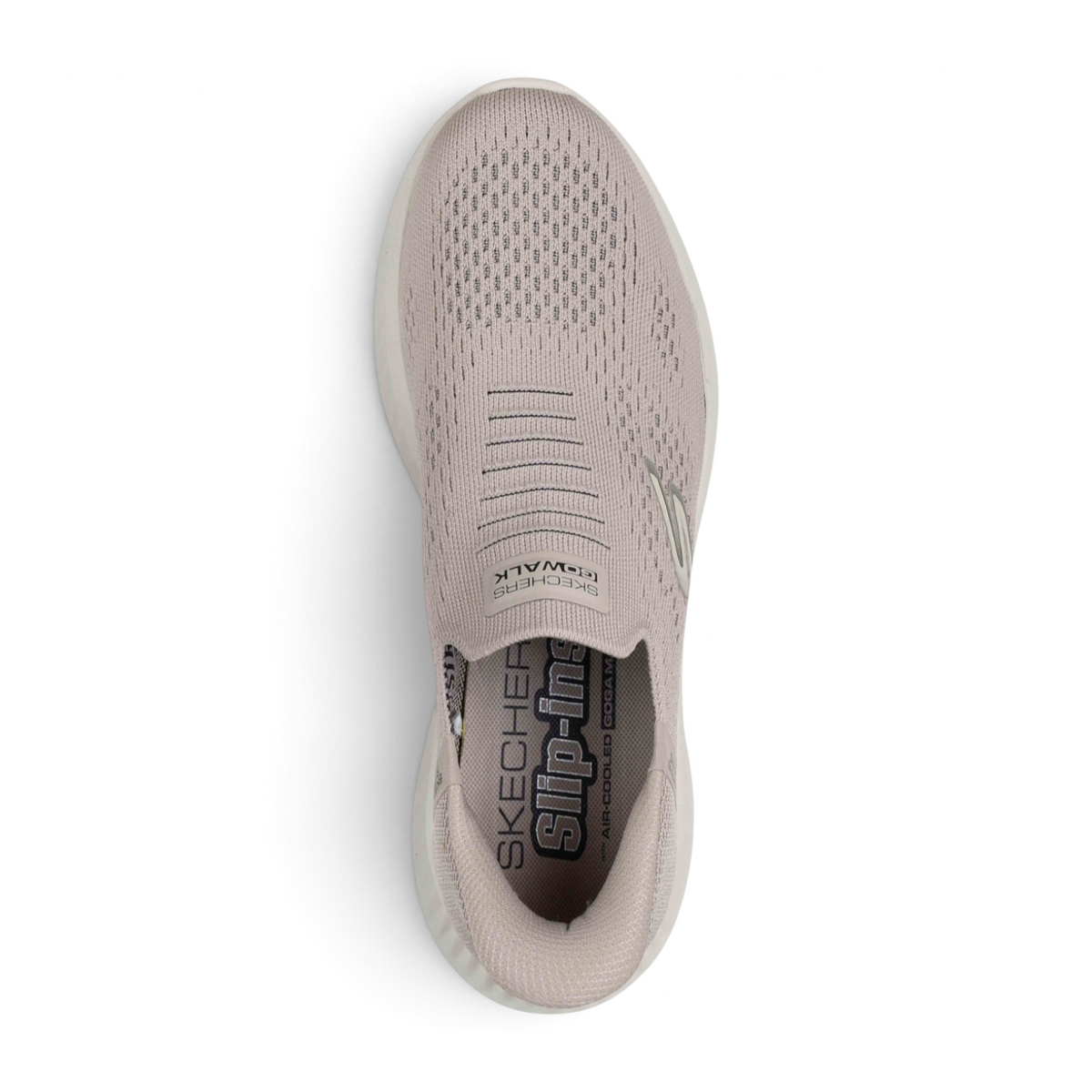 FRG GO WALK NOW SAUNTERED slip-on sneaker in light mauve mesh with a cushioned white sole, top-down view.