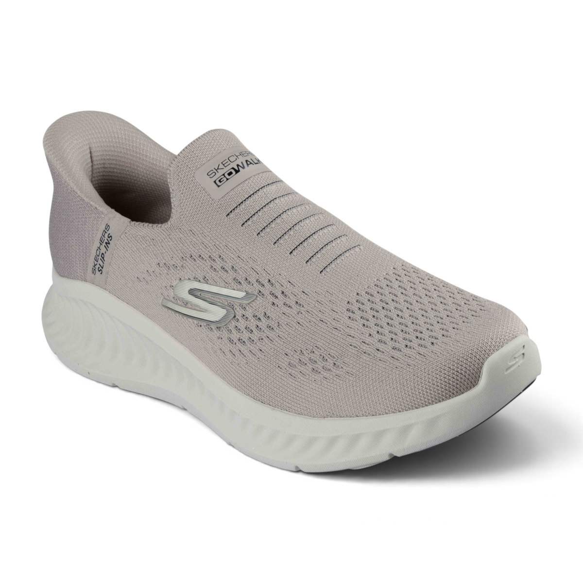 FRG Skechers GO WALK NOW SAUNTERED slip-on sneaker in light grey knit fabric with a cushioned white midsole