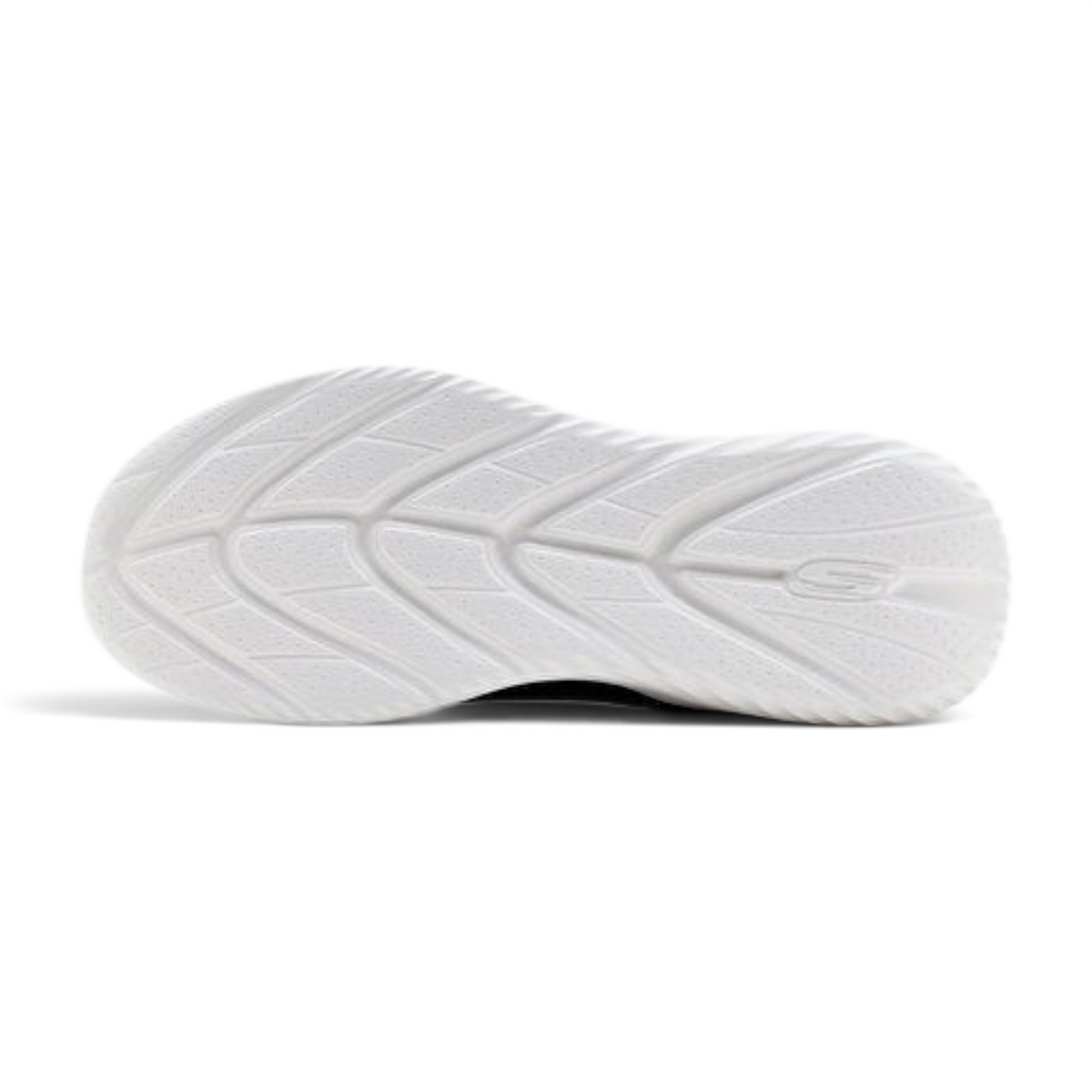 FRG Skechers Comfort Flex Drinn sports shoe showing the white textured rubber outsole with a leaf-like tread pattern.