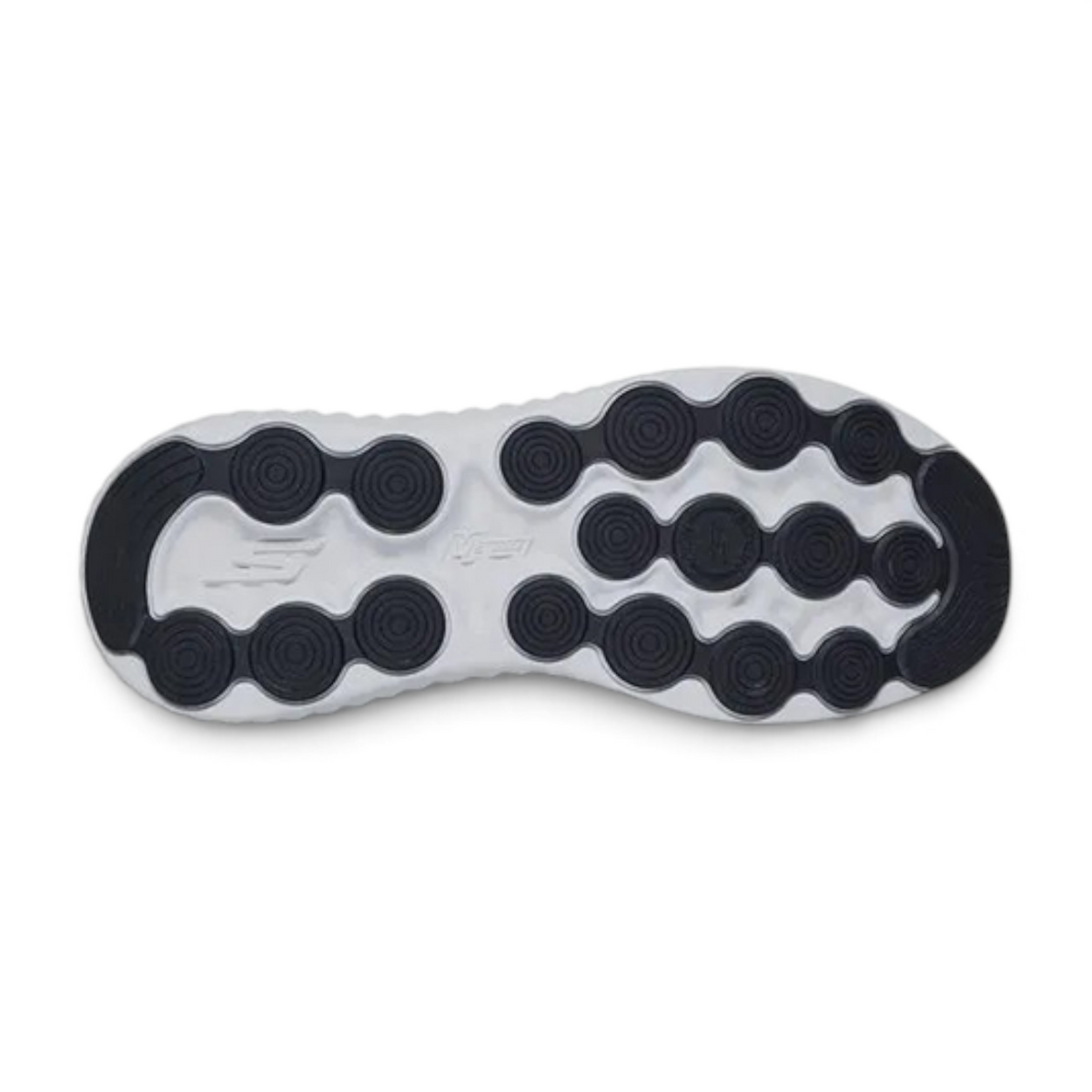 FRG Skechers GO RUN NOW navy running shoe showing the white and black circular traction pattern on the rubber outsole