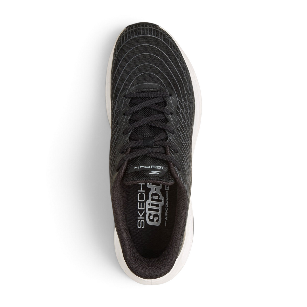 FRG Skechers Max Cushioning Glide-Step black and white slip-in performance shoe with 3D-print monomesh upper