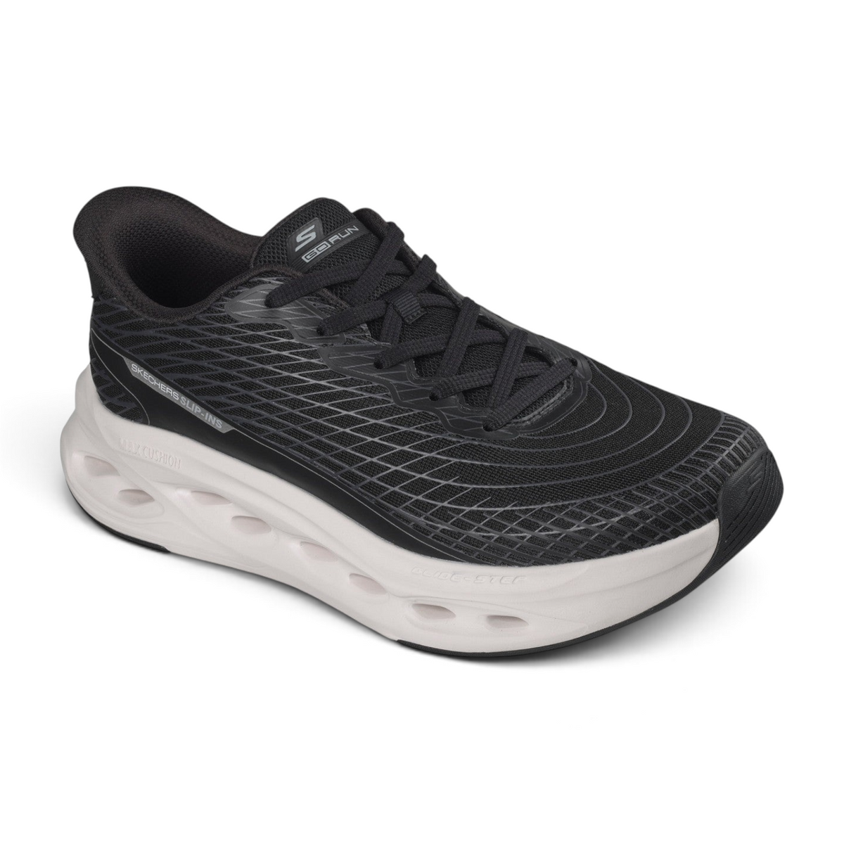 FRG Skechers Max Cushioning Glide-Step slip-in running shoe in black and white with 3D-print monomesh upper