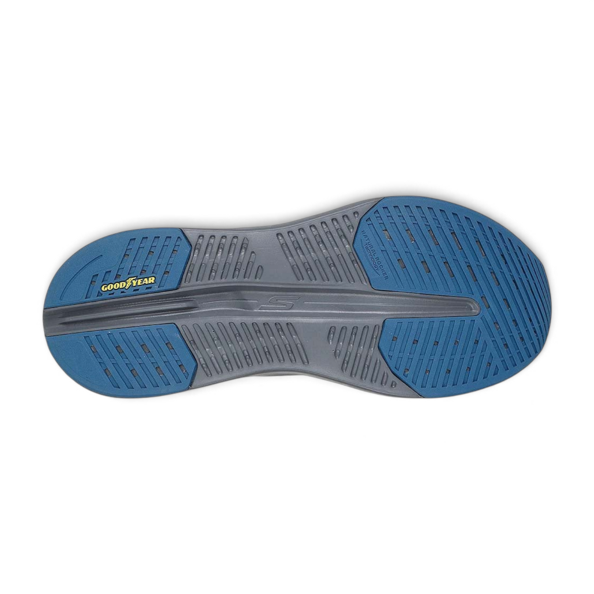 FRG Skechers Max Cushioning Glide-Step shoe outsole in blue and grey with Goodyear rubber traction tread