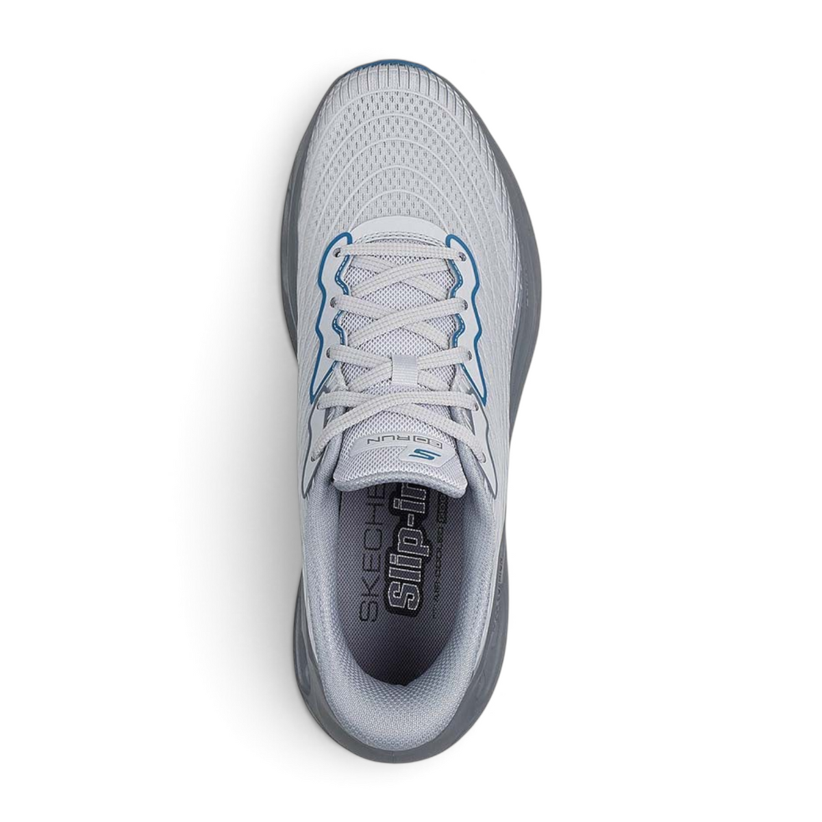 FRG Skechers Max Cushioning Glide-Step light grey slip-in performance shoe with 3D-print upper and blue accents