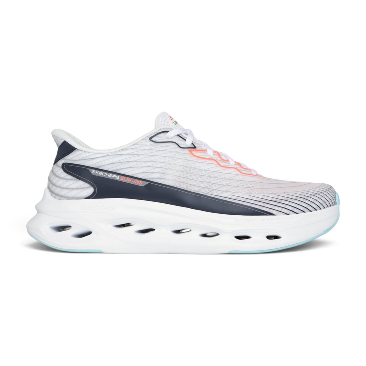 FRG Skechers Max Cushioning Glide-Step slip-in performance shoe in white with 3D-print upper and cushioned sole