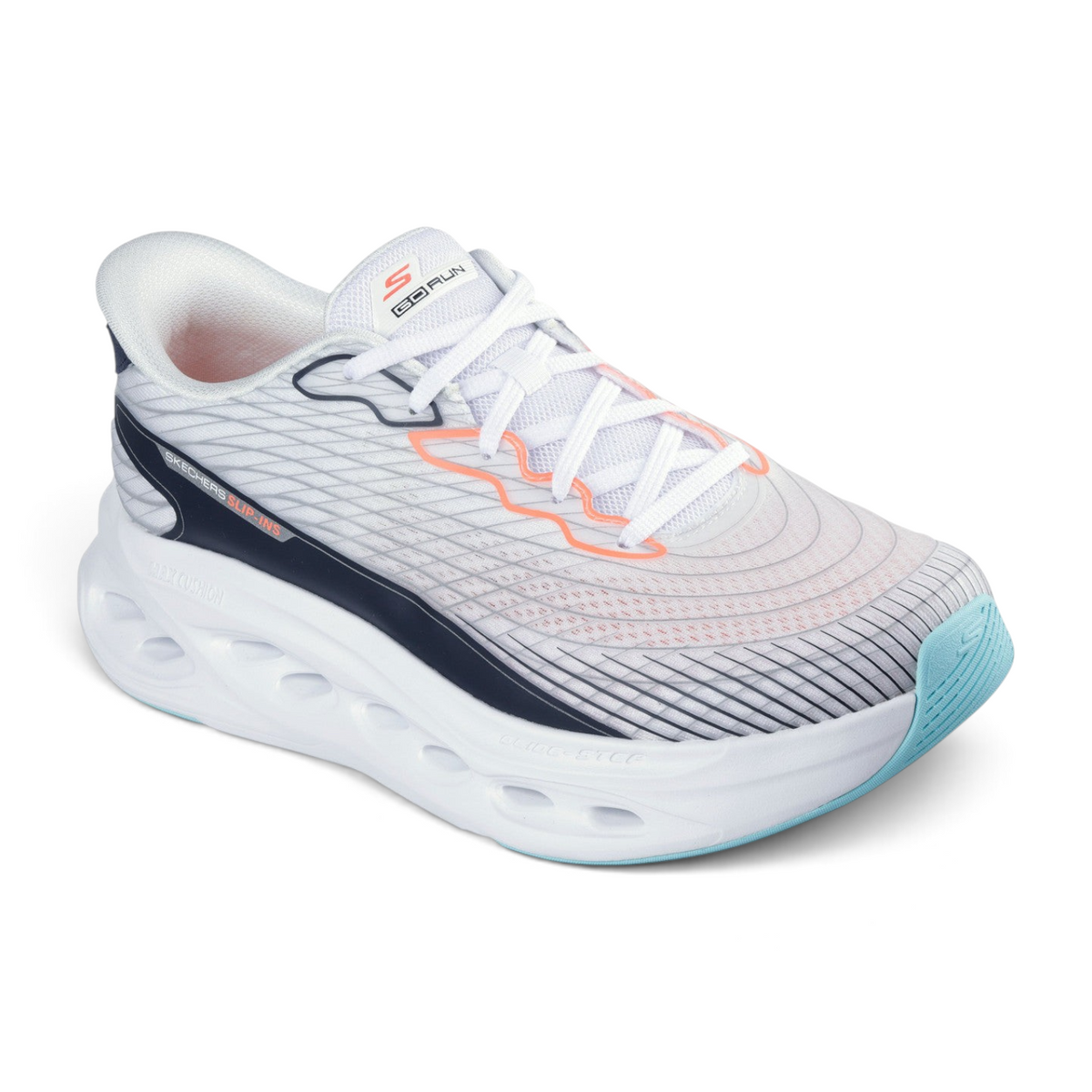 FRG Skechers Max Cushioning Glide-Step white performance shoe with 3D-print upper and responsive cushioned sole