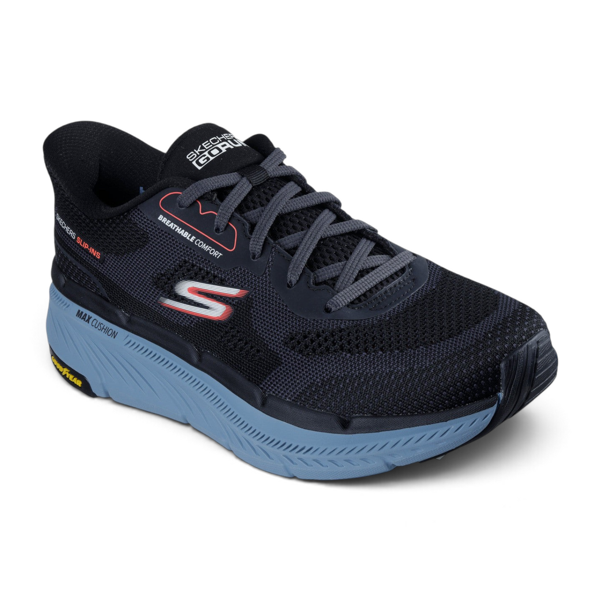 FRG Skechers Slip-ins Max Cushioning Premier 2.0 black breathable mesh sneaker with blue responsive midsole