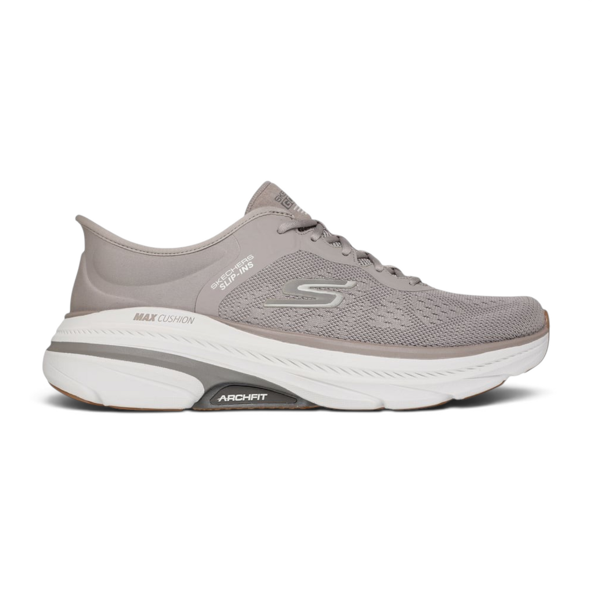 FRG Skechers Max Cushioning Arch Fit 2.0 taupe mesh slip-in running shoe with thick white cushioned sole