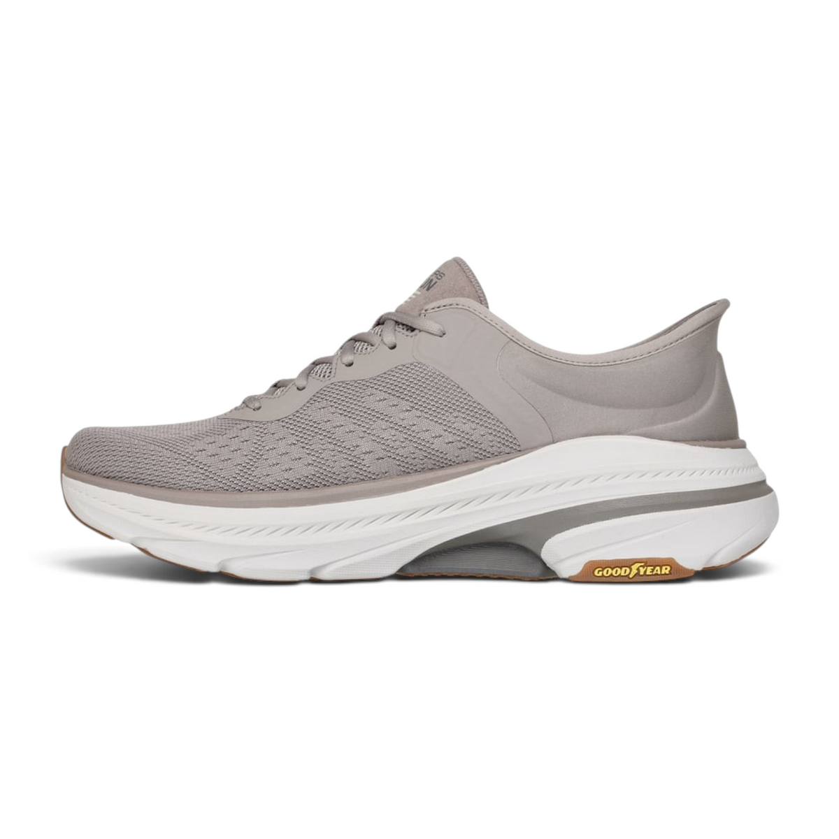 FRG Skechers Max Cushioning Arch Fit 2.0 slip-in running shoe in taupe mesh with thick white Goodyear rubber sole