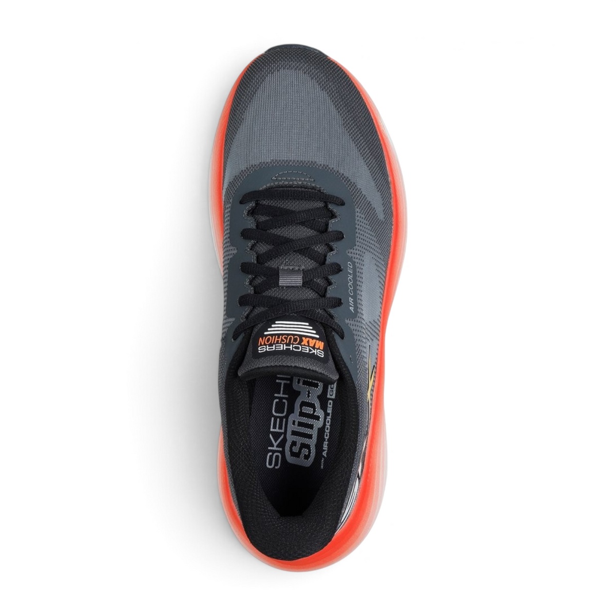 FRG Skechers Slip-ins Max Cushioning running shoe in charcoal grey with vibrant orange sole, top-down view.