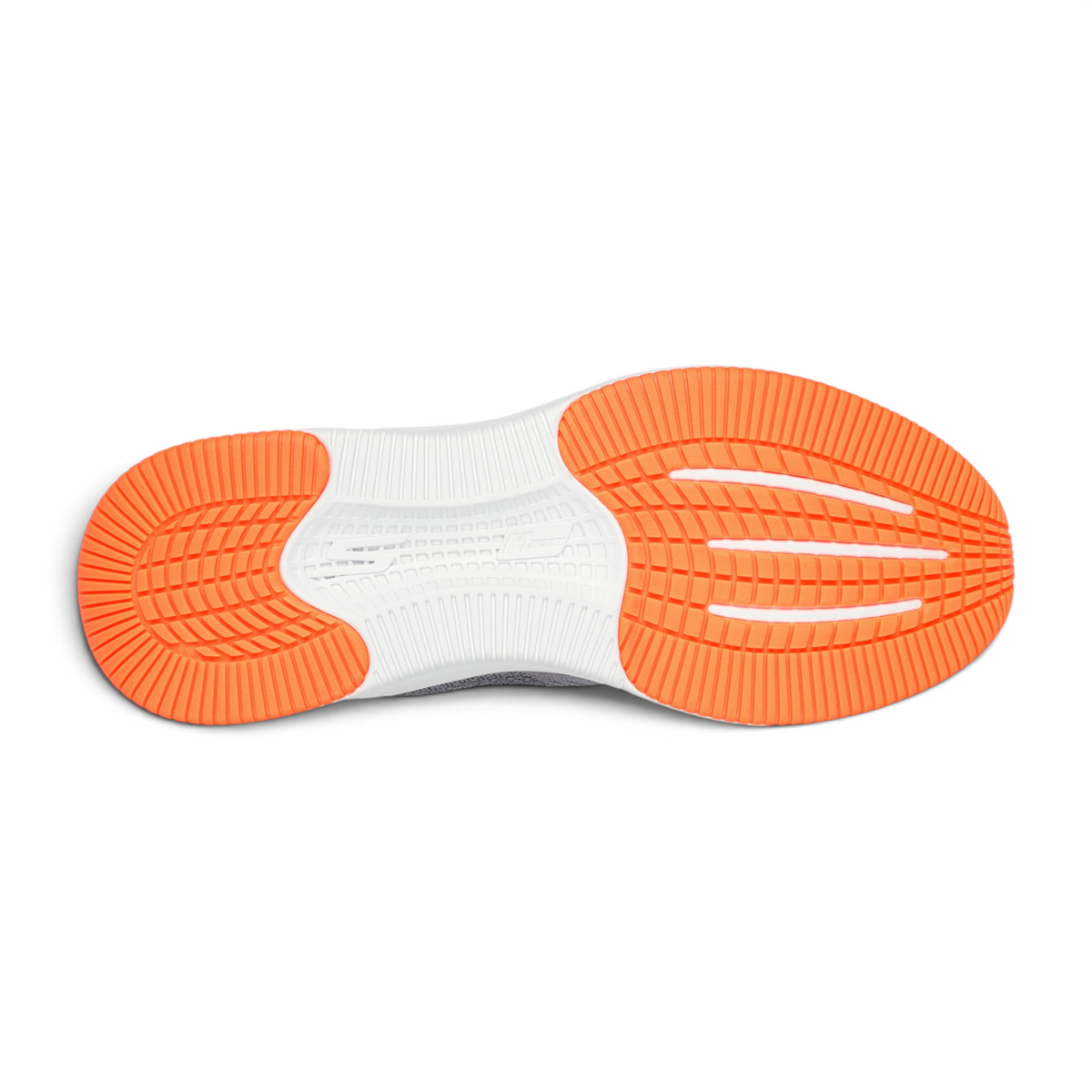 FRG GO RUN ELEVATE 2.0 Fluid Motion running shoe showing the bright orange and white textured rubber outsole